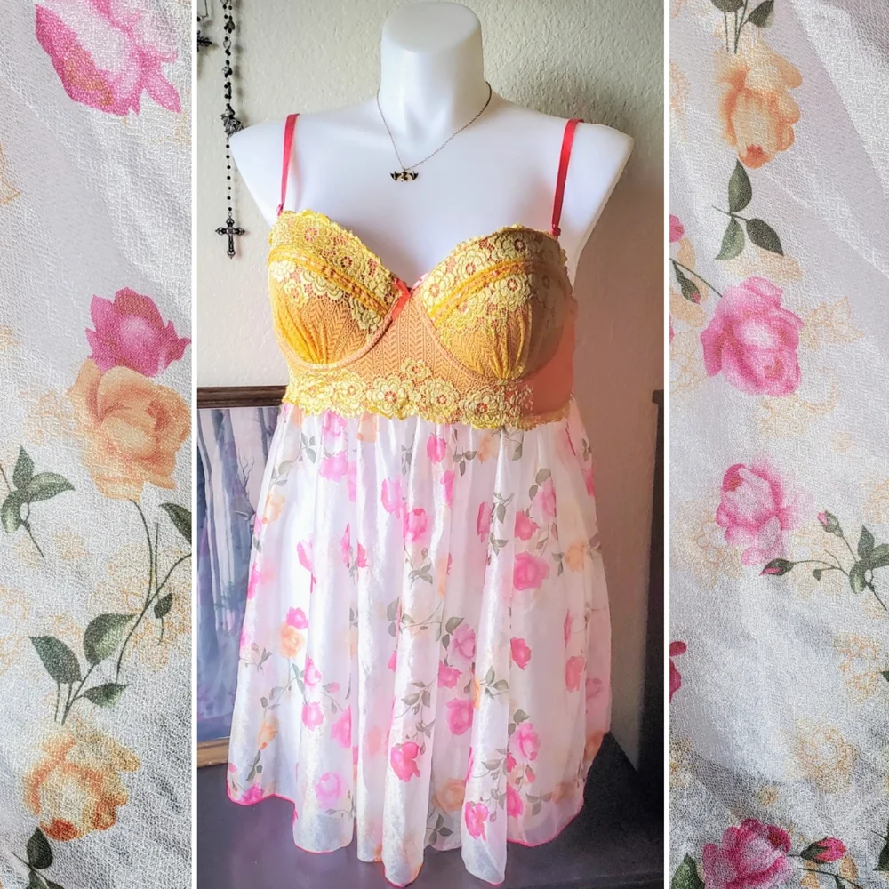 Floral Lace Trim Babydoll - Yellow and Pink - Picture 2 of 3
